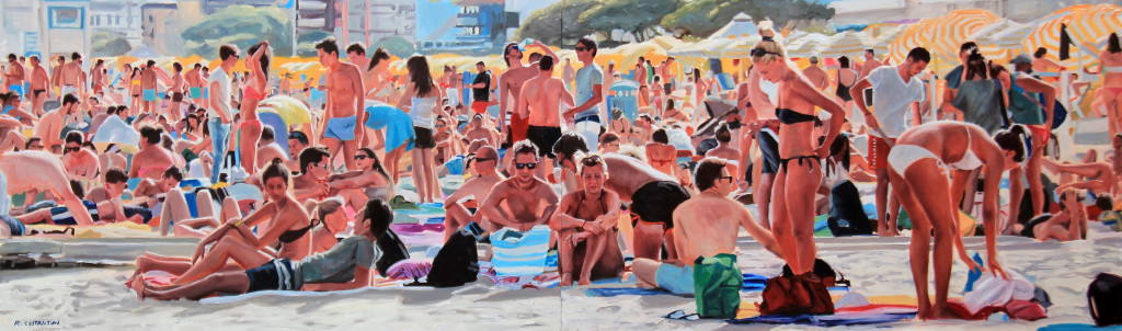 Al mare con gli amici una domenica di Agosto, 2015, olio su tela, cm 60 x 200